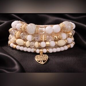 Gold and White Beaded Bracelet Set with Heart Charm